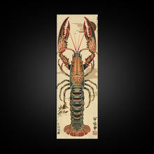 Load image into Gallery viewer, Detailed Lobster Illustration On Beige Background Skinny Art Wood Block Print Japanese Style Art Framed Canvas Print Tall Art Ukiyo-e Art
