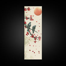 Load image into Gallery viewer, Two Pigeons On Branch With Red Leaves Skinny Art Wood Block Print Japanese Style Art Framed Canvas Print Tall Art Ukiyo-e Art
