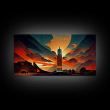 Cargar imagen en el visor de la galería, Dystopian metropolis canvas print, ready to hang wall art, art deco sunset, 1930s architecture, living room art, art nouveau
