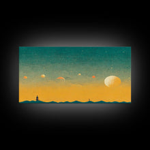 Carregar imagem no visualizador da galeria, Art deco light house at sunset canvas print, sunset, vintage 20s style wall art, 30s style wall art, orange and turquoise sunset art
