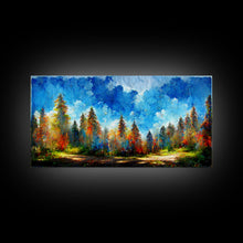 Carregar imagem no visualizador da galeria, Beautiful Forest Sunset Oil Painting Canvas Print, Blue Skies and Fall Trees, Autumn, Ready to hang gallery wrapped nature canvas print
