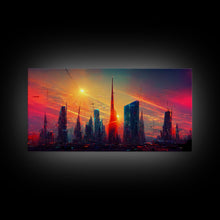 Load image into Gallery viewer, Dystopian Cyberpunk canvas print, cyber punk city at sunset, Bladerunner vibes art, synthwave style art, cool wall art, night city
