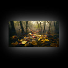 Carregar imagem no visualizador da galeria, Fall leaves floating down the river, autumn, landscape and nature canvas print, oil painting style, neutral wall art
