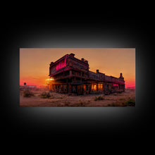 Load image into Gallery viewer, Abandoned wild west saloon at sunset canvas print, travel photography art, outrun sunset ready to hang wall art
