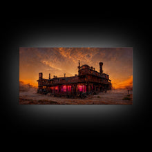 Load image into Gallery viewer, Dystopian steampunk wild west mashup, abandoned wild west saloon art, canvas print, ready to hang wall art
