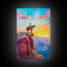 Load image into Gallery viewer, Cowboy on Cliff Edge at Sunrise - Colorful Western Landscape Painting, Framed Canvas Print, Sunrise Wall Art, Living Room Decor
