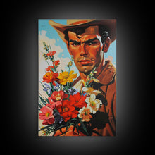 Load image into Gallery viewer, Cowboy with Bouquet of Flowers - Framed Canvas Print, Western Living Room Art, Rustic Bedroom Decor, Americana Art, Wall Art
