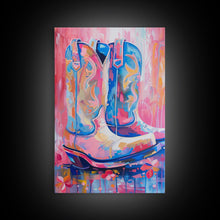 Load image into Gallery viewer, Blue and Pink Cowboy Boots with Floral Background - Framed Canvas Print, Rustic Western Wall Art, Vibrant Boot Art for Home Decor
