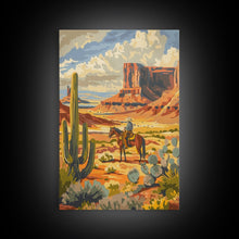 Load image into Gallery viewer, Desert Cowboy Riding Through Cactus - Framed Canvas Print, Western Landscape Art, Southwestern Wall Art for Home Decoration

