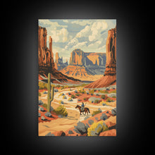 Load image into Gallery viewer, Cowboy in Southwestern Desert Landscape - Framed Canvas Print, Western Wall Art, Desert Scene Art, Cactus Decor for Living Room
