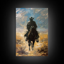 Load image into Gallery viewer, Lone Cowboy Riding into Sunset - Framed Canvas Print, Western Art, Living Room Decor, Cowboy Art for Bedroom, Rustic Wall Art
