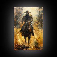 Load image into Gallery viewer, Cowboy Riding Horse into the Distance - Framed Canvas Print, Western Art, Rustic Decor, Living Room Wall Art, Cowboy Themed Art
