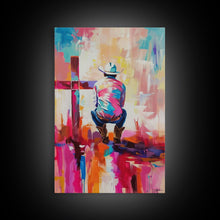 Carregar imagem no visualizador da galeria, Abstract Cowboy with Cross in Bold Hues - Framed Canvas Print, Modern Western Decor, Vibrant Cowboy Wall Art for Living Room or Bedroom
