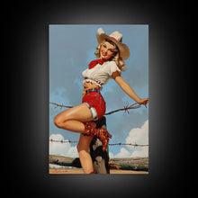Load image into Gallery viewer, Vintage Cowgirl Pin-Up Art Print, Retro Western Framed Canvas, Classic Pin-Up Girl in Cowboy Hat and Boots, Unique Wall Decor
