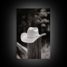 Load image into Gallery viewer, Cowboy Hat on a Wooden Fence Post in Rustic Black and White Photography for Western Home Decor, Canvas Prints, Wall Art for Living Room
