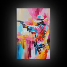 Load image into Gallery viewer, Dynamic Cowboy with Gun - Framed Canvas Print, Action-Packed Western Art, Bold Cowboy Wall Art for Living Room Decor
