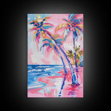 Load image into Gallery viewer, Vibrant Palm Trees and Ocean Waves in Abstract Style - Framed Canvas Print, Coastal Wall Art, Tropical Beach Decor for Living Room
