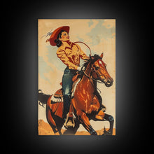 Load image into Gallery viewer, Dynamic Cowgirl on Horseback in Action | Framed Canvas Print | Western Wall Art | Living Room Decor | Rustic Home Decor
