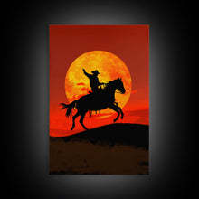 Load image into Gallery viewer, Cowboy Silhouette on Horseback at Sunset | Framed Canvas Print | Western Landscape Art | Rustic Cowboy Wall Art for Living Room

