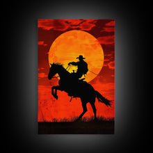 Load image into Gallery viewer, Cowboy Riding Horse into the Sunset | Framed Canvas Print | Western Silhouette Art | Rustic Cowboy Wall Art for Living Room

