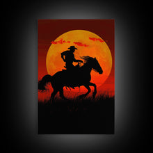 Carregar imagem no visualizador da galeria, Action Cowboy Silhouette on Horse at Sunset | Framed Canvas Print | Western Wall Art | Dramatic Cowboy Wall Art for Home Decor
