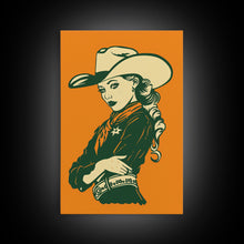 Load image into Gallery viewer, Elegant Retro Cowgirl with Hat Illustration | Framed Canvas Print | Vintage Western Art | Stylish Cowgirl Wall Art for Living Room
