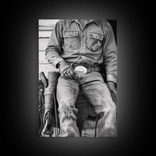 Load image into Gallery viewer, Close-Up of Cowboy&#39;s Belt and Saddle in Detailed Black and White Photography for Western Wall Art, Canvas Prints, Rustic Home Decor, Art
