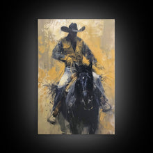 Load image into Gallery viewer, Cowboy in Full Gear Riding Horse - Framed Canvas Print, Western Wall Art, Rustic Decor, Living Room and Bedroom Art Print
