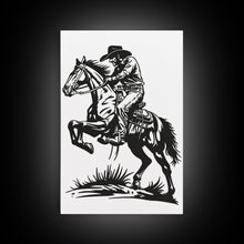 Load image into Gallery viewer, Cowboy Riding Horse with Reins - Framed Canvas Print, Western Wall Art, Rustic Decor, Living Room and Bedroom Art Print
