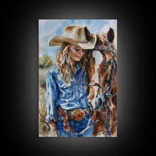 Load image into Gallery viewer, Cowgirl Preparing Horse for Ride - Framed Canvas Print, Western Wall Art, Rustic Decor, Living Room and Bedroom Art Print
