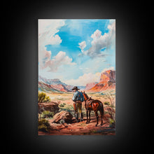 Load image into Gallery viewer, Cowboy and Horse Desert Scene Art - Framed Canvas Print, Western Living Room Decor, Cowboy Wall Art, Desert Home Decoration
