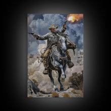 Load image into Gallery viewer, Framed Canvas Print, Dynamic Cowboy Shooting Pistols Wall Art, Western Decor for Living Room or Bedroom, Exciting Wall Art, Home Decoration
