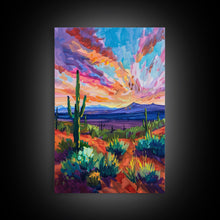 Load image into Gallery viewer, Framed Canvas Print, Cacti and Mountains at Sunset Wall Art, Vibrant Southwest Decor for Living Room or Bedroom, Nature Art Decoration Piece
