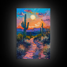 Load image into Gallery viewer, Framed Canvas Print, Colorful Desert Sunset with Cacti Wall Art, Southwest Landscape for Living Room or Bedroom, Vibrant Wall Art Piece
