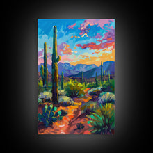 Load image into Gallery viewer, Framed Canvas Print, Cactus and Desert Path Wall Art, Vibrant Southwest Landscape for Living Room or Bedroom, Nature Art Poster Piece
