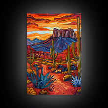 Load image into Gallery viewer, Framed Canvas Print, Bold Desert Landscape with Saguaro Cacti and Mountains, Unique Wall Art for Living Room or Bedroom

