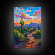 Load image into Gallery viewer, Framed Canvas Print, Sunset Over Desert with Cacti, Stunning Wall Art for Living Room or Bedroom Decor
