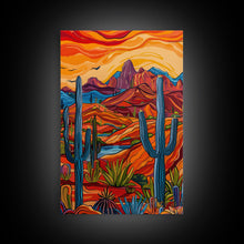 Load image into Gallery viewer, Framed Canvas Print, Bright Desert Landscape with Cacti and Mountains, Perfect Wall Art for Living Room or Bedroom
