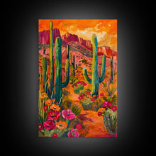 Load image into Gallery viewer, Framed Canvas Print, Vibrant Desert Scene with Saguaro Cacti and Flowers, Unique Wall Art for Living Room or Bedroom

