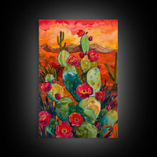 Load image into Gallery viewer, Framed Canvas Print, Blooming Cacti in Desert Sunset, Stunning Wall Art for Living Room or Bedroom Decor
