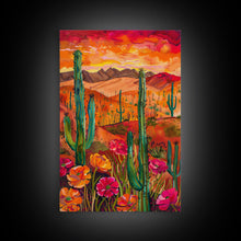 Carregar imagem no visualizador da galeria, Framed Canvas Print, Vibrant Desert Landscape with Flowers and Cacti, Perfect Wall Art for Living Room or Bedroom Decor

