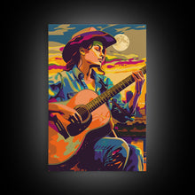 Load image into Gallery viewer, Country Cowboy playing guitar under a colorful sunset, pop art style Framed Canvas Print - music decor, country music art, vibrant wall art
