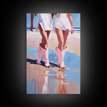 Load image into Gallery viewer, Cowgirls walking on the beach wearing pink cowboy boots, artistic reflection Framed Canvas Print - beach fashion, summer decor, vibrant art
