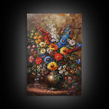 Load image into Gallery viewer, Bold Flower Bouquet Art on Dark Background - Framed Canvas Print, Vibrant Floral Wall Art for Living Room, Modern Artwork, Flower Decor
