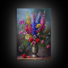 Load image into Gallery viewer, Dramatic Floral Vase Art on Rich Background - Framed Canvas Print, Bold Flower Decor for Living Room, Botanical Artwork, Floral Wall Art
