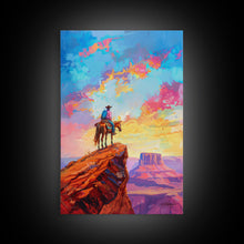 Load image into Gallery viewer, Cowboy on Horseback Overlooking Canyon - Vibrant Western Landscape Art, Sunset Painting, Living Room Decor, Cowboy Canvas Print
