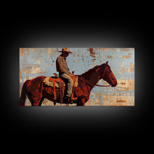 Load image into Gallery viewer, Cowboy on Horse with Rustic Background, Stunning Wall Art, Framed Canvas Print, Boho Bedroom Decor, Western Home Decoration
