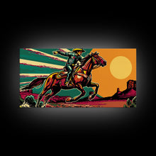 Load image into Gallery viewer, Vintage Cowboy Riding Horse, Western Sunset Wall Art, Framed Canvas Print, Rustic Decor, Cowboy Art, Country Living Room
