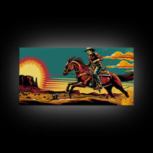 Load image into Gallery viewer, Cowboy Riding Through Desert, Southwestern Landscape Art, Framed Canvas Print, Boho Decor, Desert Art, Rustic Wall Art
