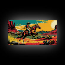 Load image into Gallery viewer, Cowboy Galloping in Desert, Vibrant Sunset Western Art, Framed Canvas Print, Farmhouse Decor, Colorful Wall Art, Cowboy Theme
